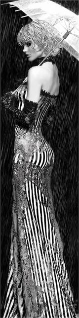 Free dark romance bookmark featuring a lady with an umbrella and striped patterns